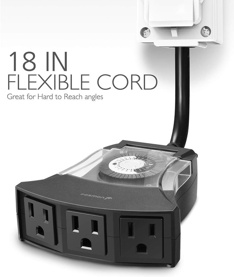 Fosmon Outdoor Timer Outlet Waterproof, Outdoor Light Timer for Electrical Outlets, Weatherproof 24 Hour Mechanical Heavy Duty Plug for Outside Lighting, Garden, 15A, 3-Prong, Grounded, ETL Listed - Image 2