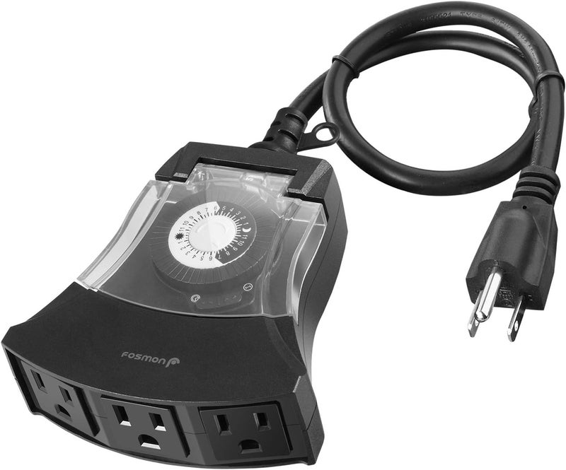 Fosmon Outdoor Timer Outlet Waterproof, Outdoor Light Timer for Electrical Outlets, Weatherproof 24 Hour Mechanical Heavy Duty Plug for Outside Lighting, Garden, 15A, 3-Prong, Grounded, ETL Listed - Image 1