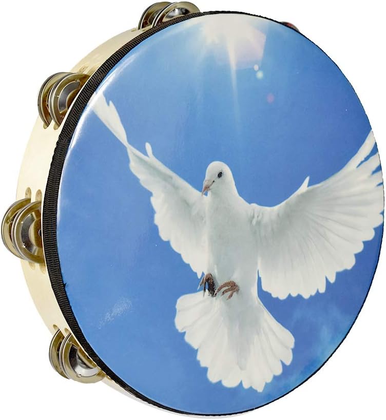 ENNBOM Tambourine Hand Bell Double Row Jingles Music Persuccion Church (10 Inch, Dove) - Image 1