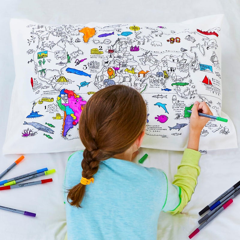 eatsleepdoodle eatsleepdoodle World Map Coloring Pillowcase for Kids w 10pk Washable Markers for Kids  30x20in Map Pillowcase to Color  Ultra Washable  Reusable Arts and Crafts for Kids 