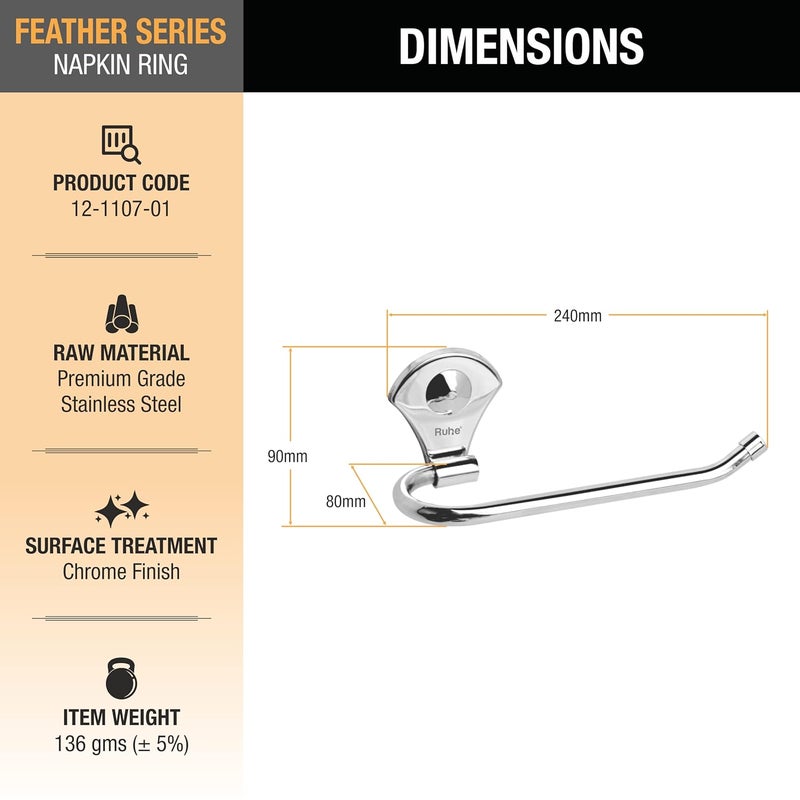 RUHE Ruhe® Napkin Ring | Feather Series Premium Grade Stainless Steel Wall Mounted Round Napkin Ring | (Chrome Finish) | Pack of 1 | ONLY- Napkin Ring  - Image 2