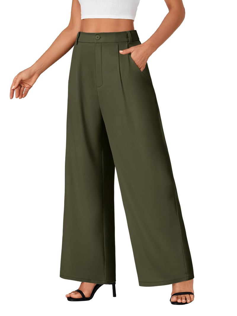 Rooscier Women's Wide Leg Pants High Elastic Waisted Business Work Trousers Long Straight Suit Pants Army Green Small - Image 3