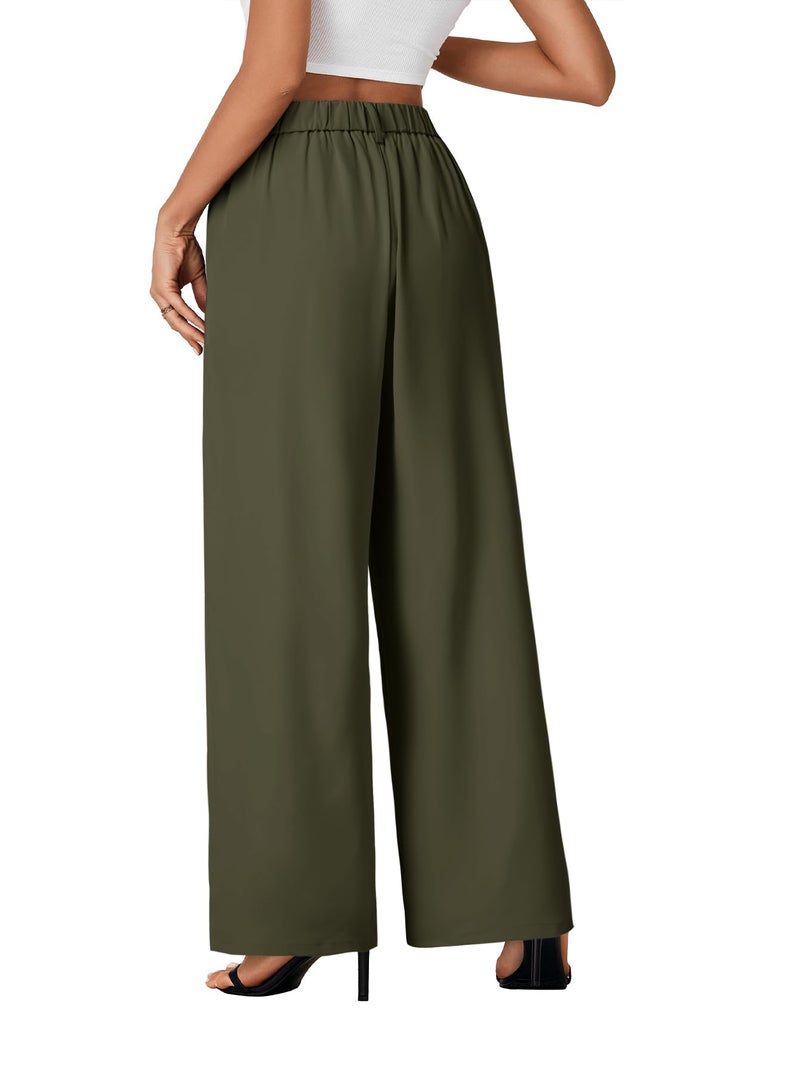 Rooscier Women's Wide Leg Pants High Elastic Waisted Business Work Trousers Long Straight Suit Pants Army Green Small - Image 5