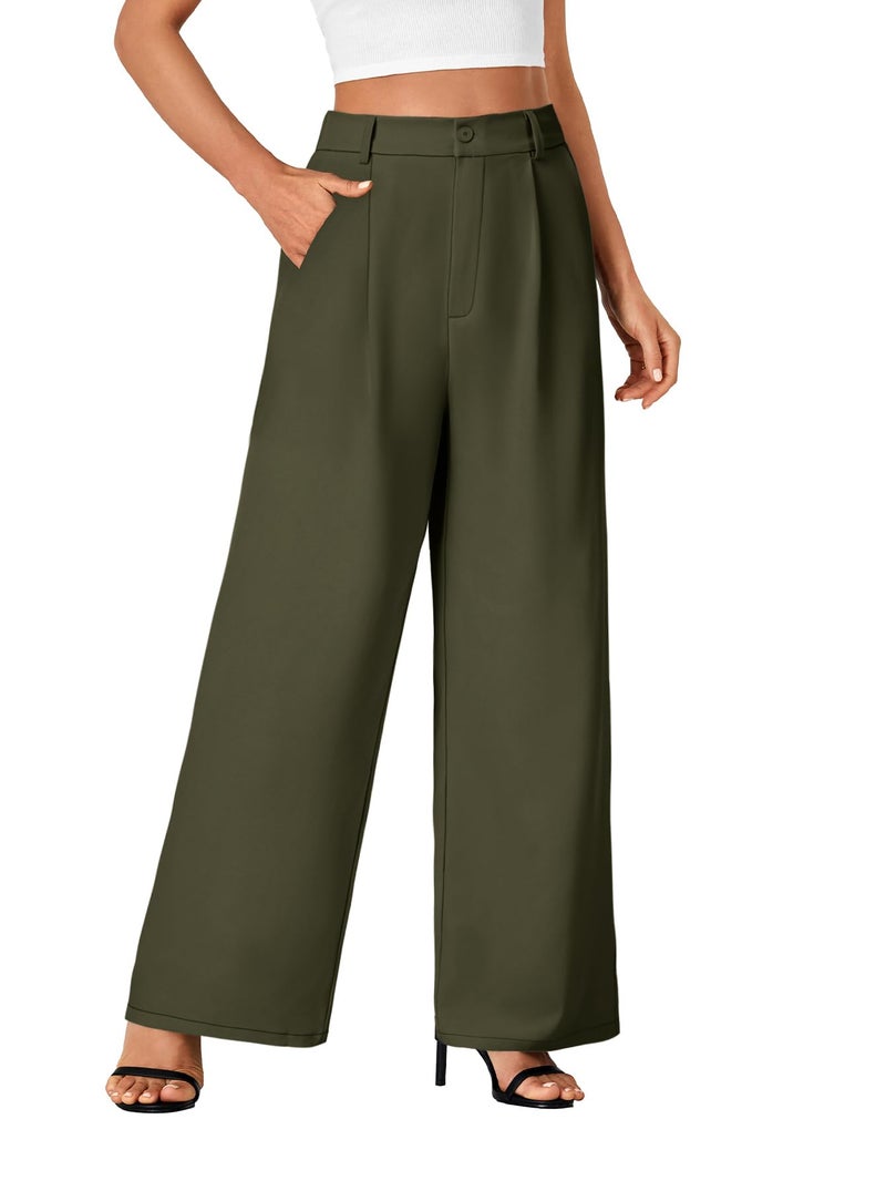 Rooscier Women's Wide Leg Pants High Elastic Waisted Business Work Trousers Long Straight Suit Pants Army Green Small - Image 4