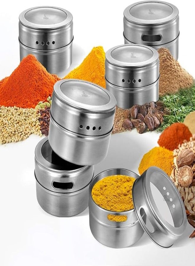ZAEGO برطمانات تخزين التوابل المغناطيسية المصنوعة من الفولاذ المقاوم للصدأ من ZAEGO، مزودة بحامل معدني قابل للتعديل، وعلب توابل بغطاء شفاف وفتحات للتصفية والصب - سهلة التنظيف. - Image 5