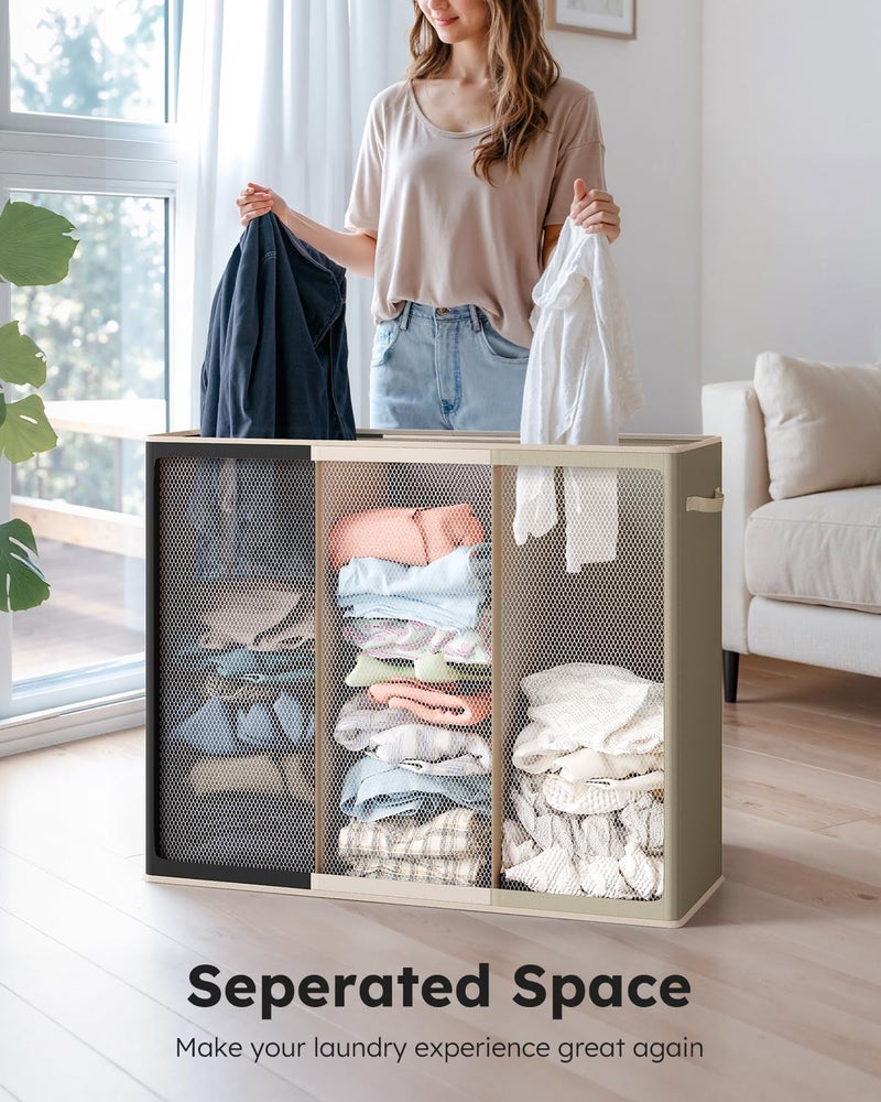 SOLEDI 180L 3-Section Laundry Hamper with Lid, Extra Large Dirty Clothes Basket with Sturdy Handles for Laundry Room & Bedroom - Durable Organizer for Sorting Laundry - Image 4