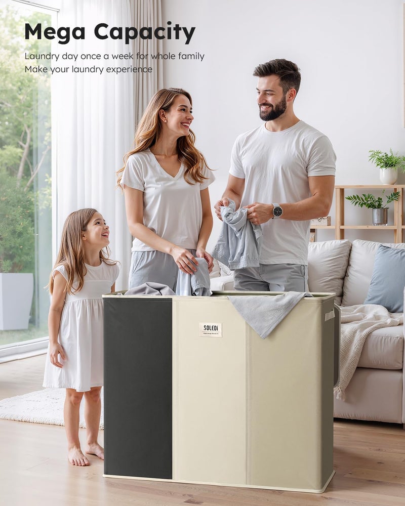 SOLEDI 180L 3-Section Laundry Hamper with Lid, Extra Large Dirty Clothes Basket with Sturdy Handles for Laundry Room & Bedroom - Durable Organizer for Sorting Laundry - Image 2