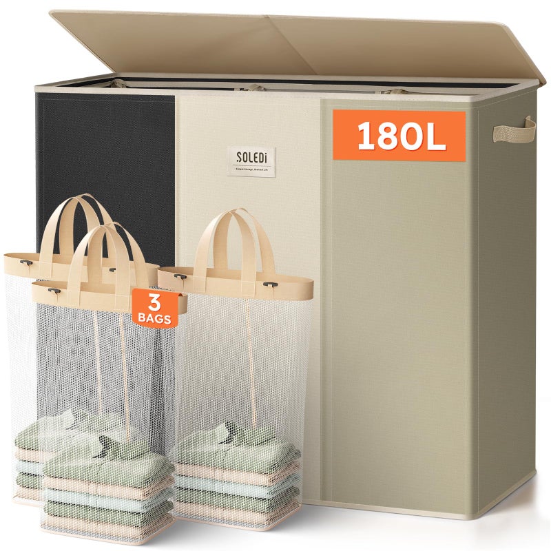 SOLEDI 180L 3-Section Laundry Hamper with Lid, Extra Large Dirty Clothes Basket with Sturdy Handles for Laundry Room & Bedroom - Durable Organizer for Sorting Laundry - Image 1