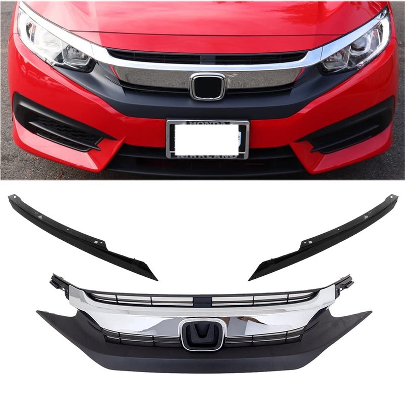 Generic AutoJoy Club Front Bumper Grille Upper Grill Assembly Compatible with 2016 2017 2018 Honda Civic Chrome Molding Dark Gray ABS Plastic Grill Replacement  - Image 1