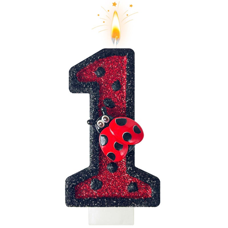 HXOUSE Ladybug Number 1 Birthday Candles - Red & Black Polka Dots Birthday Candles for Cake, 1 Candle for Ladybird Theme Cake Topper, Boys Girls Insect Party Decorations Gifts (No.1) - Image 1