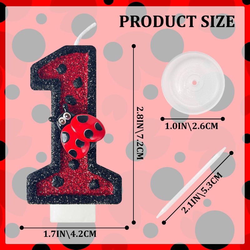 HXOUSE Ladybug Number 1 Birthday Candles - Red & Black Polka Dots Birthday Candles for Cake, 1 Candle for Ladybird Theme Cake Topper, Boys Girls Insect Party Decorations Gifts (No.1) - Image 2
