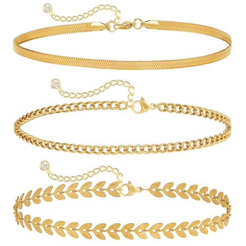 MIDEEO Gold/Silver Ankle Bracelets for Women,14K Gold Anklets for Women Waterproof Cuban Link Heart Beads Herringbone Rhinestone Anklets Set Layered Anklet Bracelets for Women Gold Jewelry Gift - Image 1