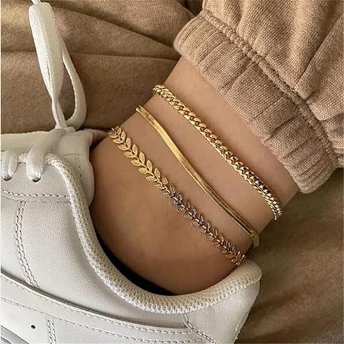 MIDEEO Gold/Silver Ankle Bracelets for Women,14K Gold Anklets for Women Waterproof Cuban Link Heart Beads Herringbone Rhinestone Anklets Set Layered Anklet Bracelets for Women Gold Jewelry Gift - Image 2