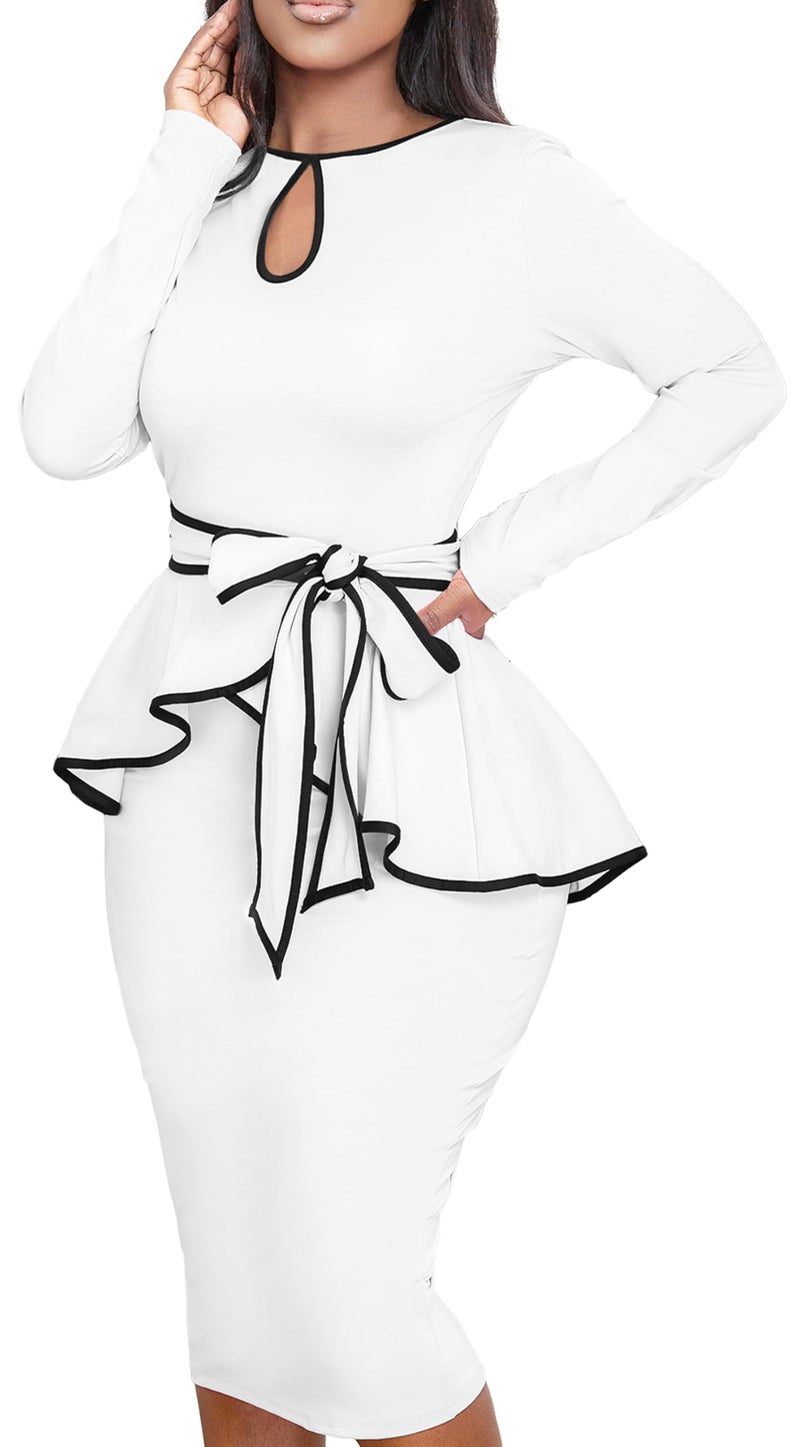 Yiershu Women Dress Elegant Peplum Business Dresses Sexy Split Long Sleeve Bodycon Knee Length Formal Pencil Back Zipper Dress(White,XXL) - Image 3