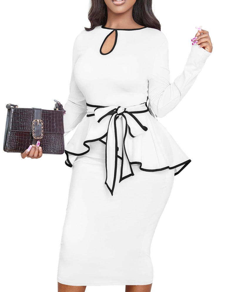 Yiershu Women Dress Elegant Peplum Business Dresses Sexy Split Long Sleeve Bodycon Knee Length Formal Pencil Back Zipper Dress(White,XXL) - Image 2