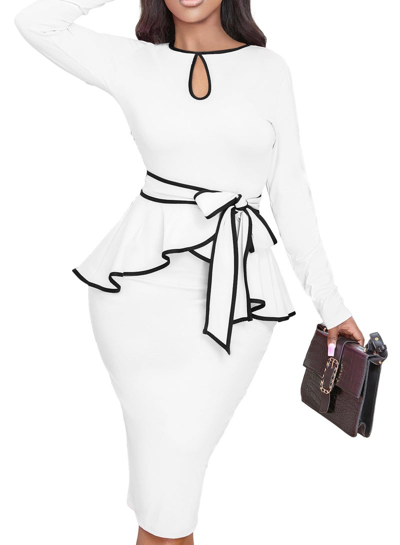 Yiershu Women Dress Elegant Peplum Business Dresses Sexy Split Long Sleeve Bodycon Knee Length Formal Pencil Back Zipper Dress(White,XXL) - Image 4