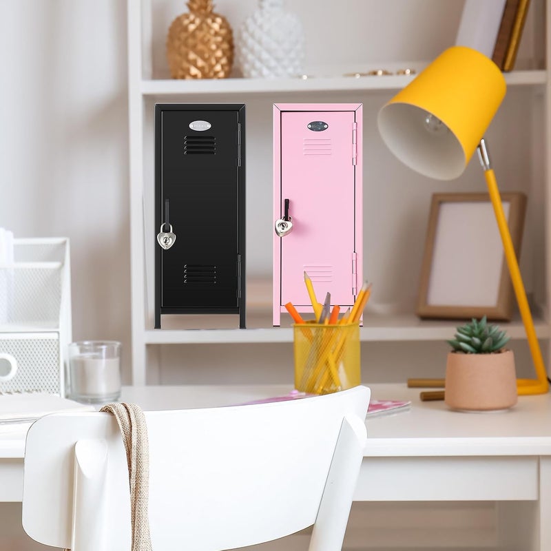 Vercraft 2 Pcs Mini Metal Locker Storage with Lock and 2 Keys 10.8 Inch Small Money Security and Cash Safe Box for Jewelry Back to School Home Office Desktop Container(Pink,Black) - Image 2