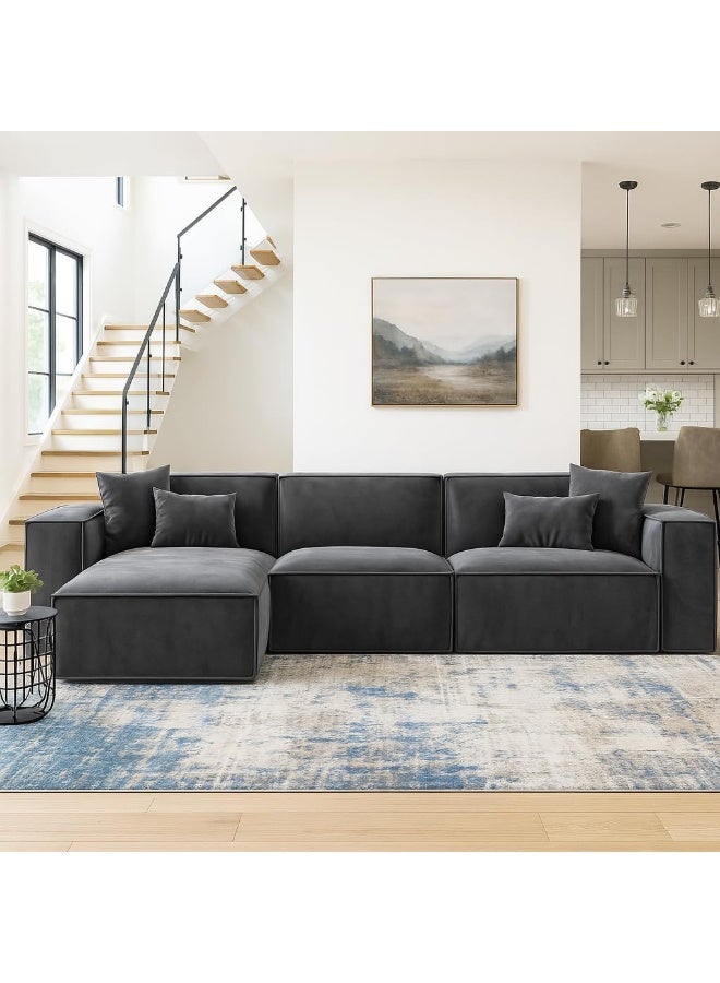 Al Zakharef Furniture Coco Corner L-Shape Luxury Sofa Set, Modern Sectional Velvet Couch, Comfortable Living Room Furniture with Free Pillows, Colour Grey - Image 1