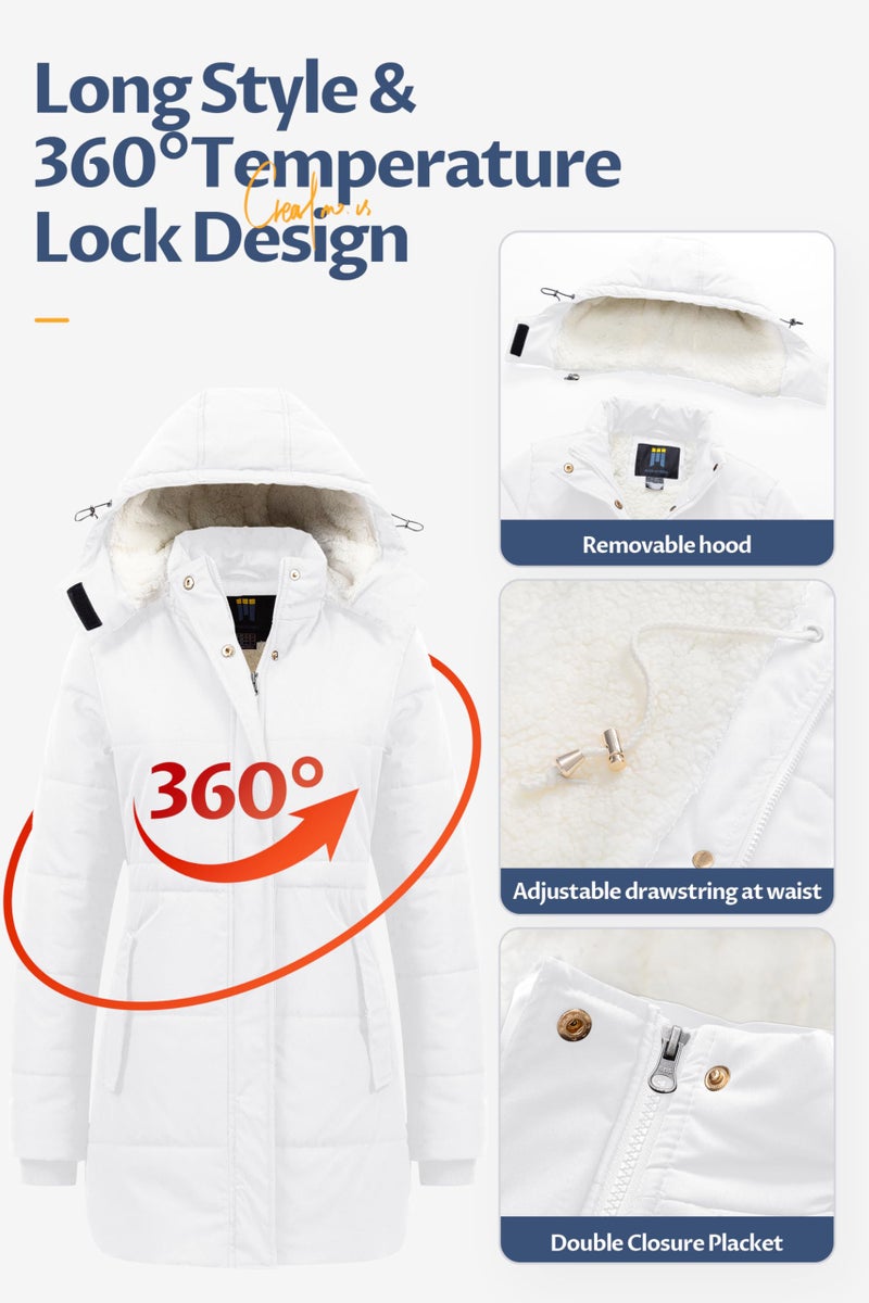 CREATMO US Coats For Women Womens Winter Jackets Ladies Women's Long Down Coat Thicken Fleece Lined Parka Warm Puffer Jacket With Detachable Hood White M - Image 5
