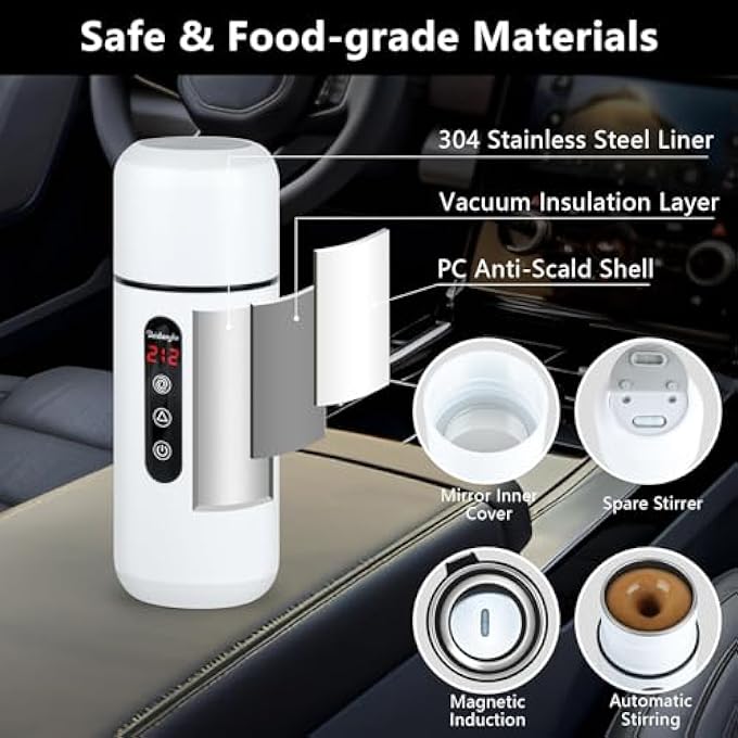 PFUTURE Car Kettle 12V24V  420Ml Portable Electric Travel Kettle With Temperature Control 304 Stainless Steel Magnetic Stirring Warmer For Tea Coffee Milk White - Image 4
