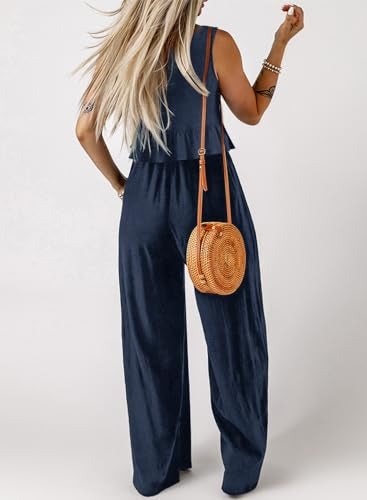 Dokotoo Two Piece Sets for Women Clothing Summer 2025 Pleated Elastic Waist Long Pants Sets 2 Piece Outfits for Women Blazer Set Blue X Large - Image 2