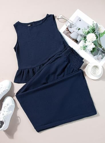 Dokotoo Two Piece Sets for Women Clothing Summer 2025 Pleated Elastic Waist Long Pants Sets 2 Piece Outfits for Women Blazer Set Blue X Large - Image 4
