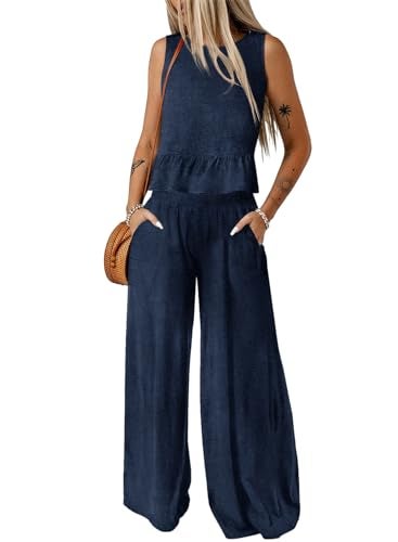 Dokotoo Two Piece Sets for Women Clothing Summer 2025 Pleated Elastic Waist Long Pants Sets 2 Piece Outfits for Women Blazer Set Blue X Large - Image 1