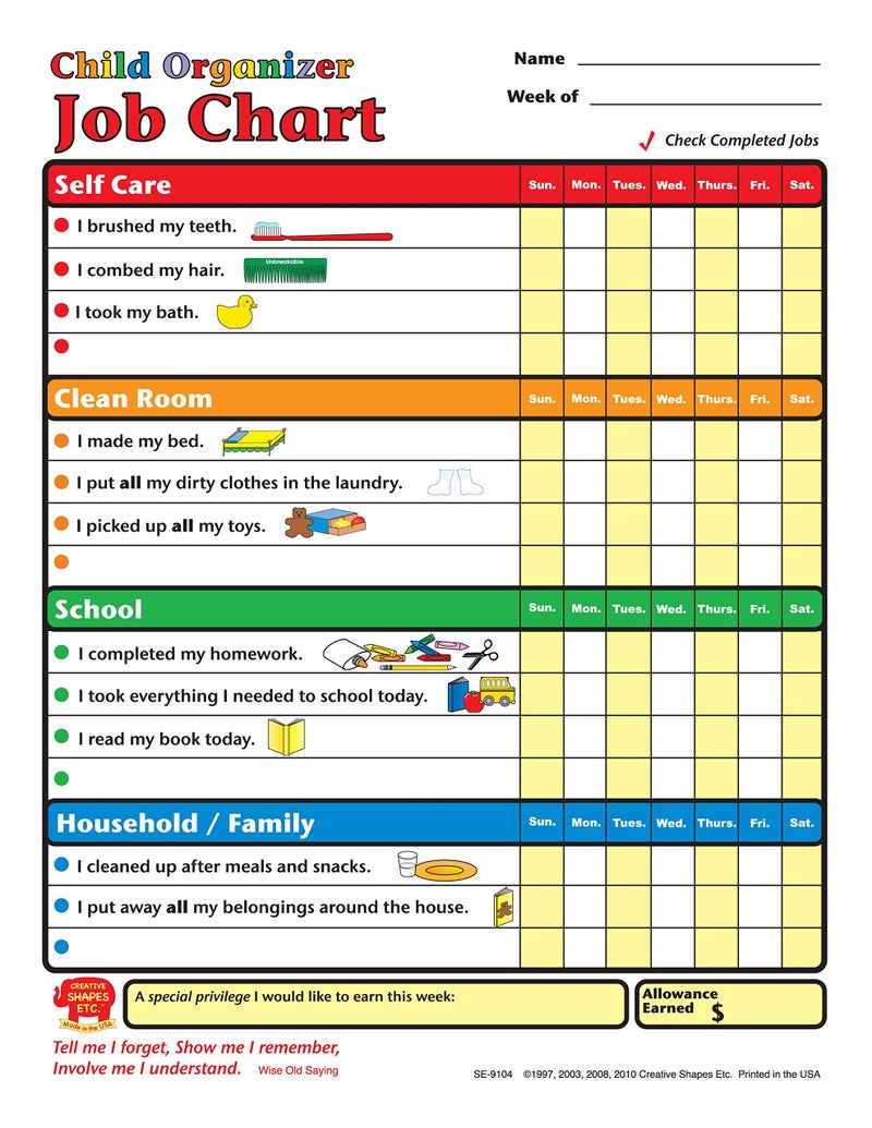 SHAPES ETC. 50 Sheets Child Organizer Job Chart 8.5inx11in Kids Reward Chart Chore Charts Teach Responsibility Positive Reinforcement Good Habits Daily Task Tracker Homeschool Parents USA Made - Image 1