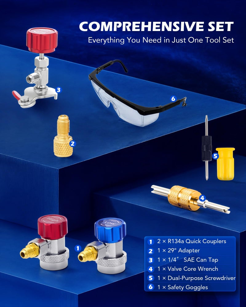 Orion Motor Tech مجموعة عدادات مانيفولد تكييف الهواء من أوريون موتور تكنولوجي لرواسب R134a R12 R22 R502، مجموعة عدادات تكييف السيارات، مجموعة عدادات دقيقة مع خرطوم بطول 5 أقدام، محولات تكييف، موصلات قابلة للتعديل، صنبور علبه. - Image 3