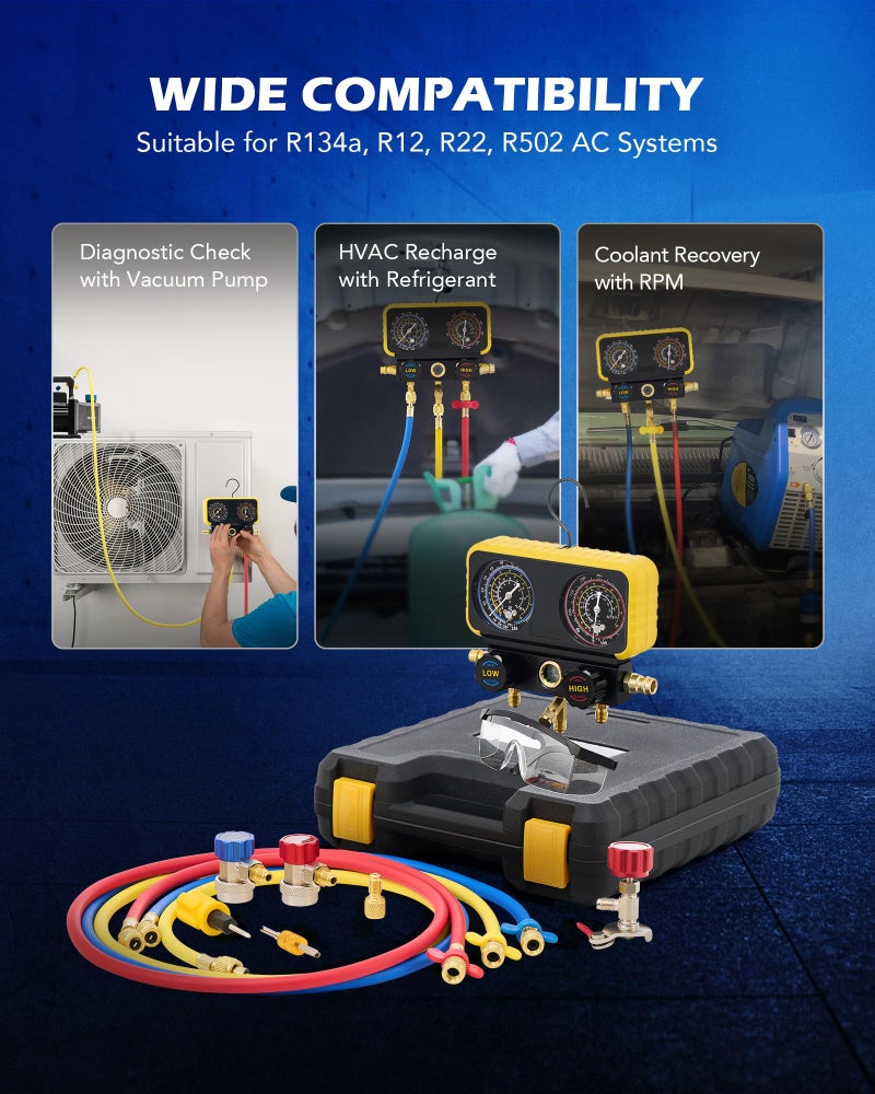 Orion Motor Tech مجموعة عدادات مانيفولد تكييف الهواء من أوريون موتور تكنولوجي لرواسب R134a R12 R22 R502، مجموعة عدادات تكييف السيارات، مجموعة عدادات دقيقة مع خرطوم بطول 5 أقدام، محولات تكييف، موصلات قابلة للتعديل، صنبور علبه. - Image 4