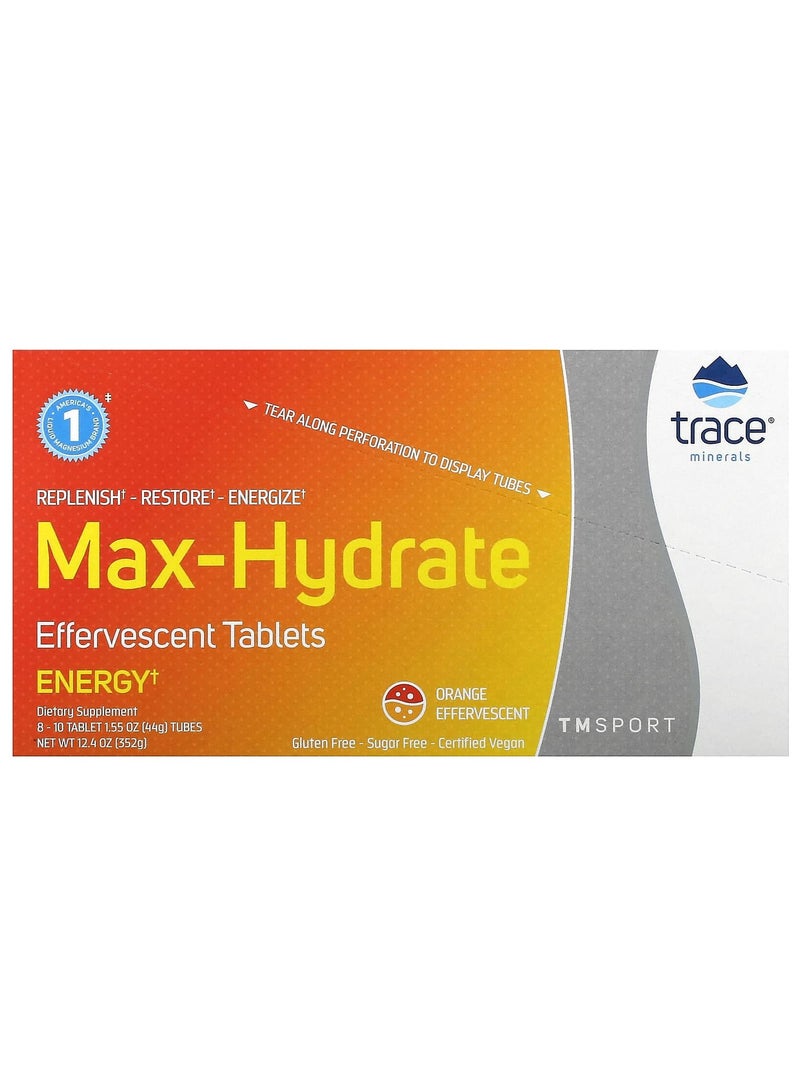 Trace Minerals TM Sport, Max-Hydrate Energy Effervescent Tablets, Orange, 8 Tubes, 10 Tablets Each