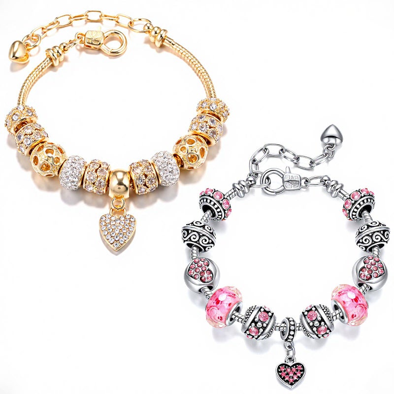 VTEAS 2 Pack Charm Bracelets Pink and Gold Heart Silver Plated Charm Bracelet, DIY Jewelry for Women Gifts, with Beads, Crystal, Charms, Love and Adjustable Snake Chain, Fits 7.5"+1.5" - Image 1
