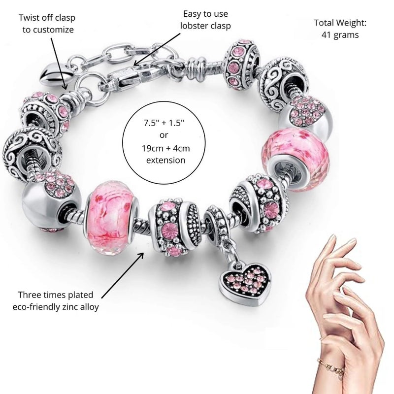 VTEAS 2 Pack Charm Bracelets Pink and Gold Heart Silver Plated Charm Bracelet, DIY Jewelry for Women Gifts, with Beads, Crystal, Charms, Love and Adjustable Snake Chain, Fits 7.5"+1.5" - Image 3