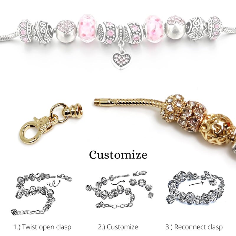 VTEAS 2 Pack Charm Bracelets Pink and Gold Heart Silver Plated Charm Bracelet, DIY Jewelry for Women Gifts, with Beads, Crystal, Charms, Love and Adjustable Snake Chain, Fits 7.5"+1.5" - Image 5