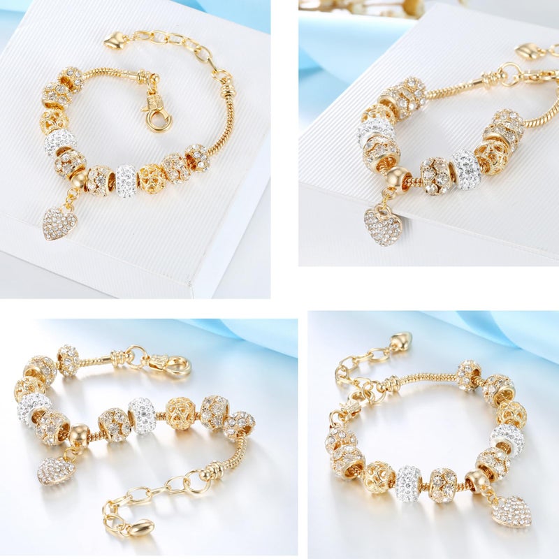 VTEAS 2 Pack Charm Bracelets Pink and Gold Heart Silver Plated Charm Bracelet, DIY Jewelry for Women Gifts, with Beads, Crystal, Charms, Love and Adjustable Snake Chain, Fits 7.5"+1.5" - Image 2