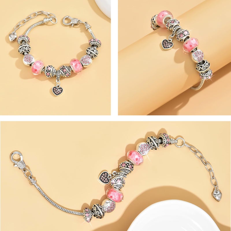 VTEAS 2 Pack Charm Bracelets Pink and Gold Heart Silver Plated Charm Bracelet, DIY Jewelry for Women Gifts, with Beads, Crystal, Charms, Love and Adjustable Snake Chain, Fits 7.5"+1.5" - Image 4