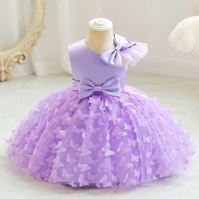 New girls solid color princess year-old bow puffy dinner performance dress year-old catch week dress wholesale Purple