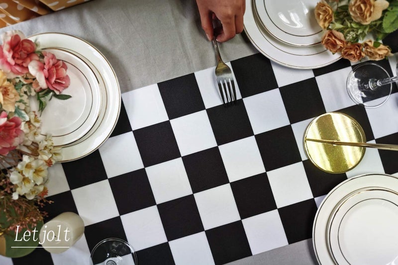 Letjolt Table Runner Black and White Checkerboard Racing Theme for Anniversary Dinner Parties Supplies Birthday Party Wedding Runner Winter New Years Decorations 12x108 Inches - Image 2