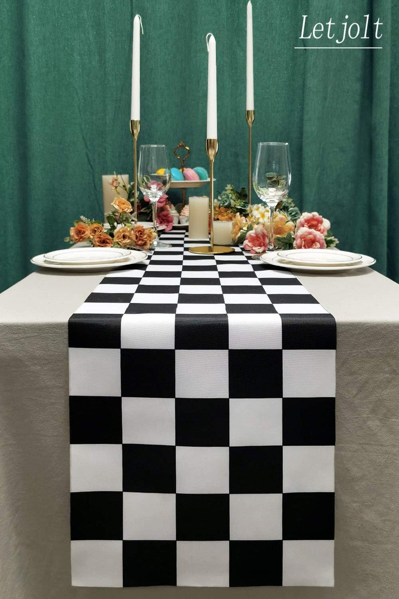 Letjolt Table Runner Black and White Checkerboard Racing Theme for Anniversary Dinner Parties Supplies Birthday Party Wedding Runner Winter New Years Decorations 12x108 Inches - Image 5