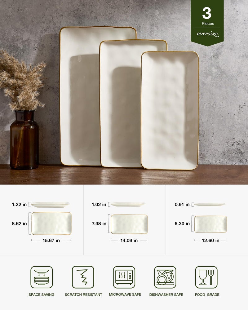 Famiware Serving Platter, Rectangular 15.67/14.1/12.6inch Serving Dishes for Entertaining, Microwave Dishwasher Safe, Stoneware Serving Trays for Party, Turkey, Cheese, Ocean Series, Vanilla White - Image 2
