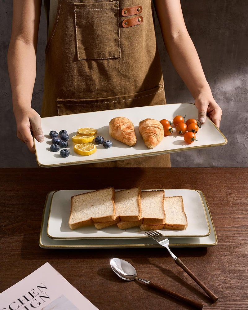 Famiware Serving Platter, Rectangular 15.67/14.1/12.6inch Serving Dishes for Entertaining, Microwave Dishwasher Safe, Stoneware Serving Trays for Party, Turkey, Cheese, Ocean Series, Vanilla White - Image 3
