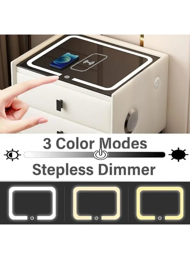 باور خزانة ذكية فاخرة بجانب السرير مع شحن لاسلكي ومنفذ USB مزدوج، ومكبر صوت بلوتوث، وقفل ببصمة الإصبع، وإضاءة ليلية قابلة للتعديل - مغلفة بالجلد مع قاعدة من الخشب الصلب - Image 4