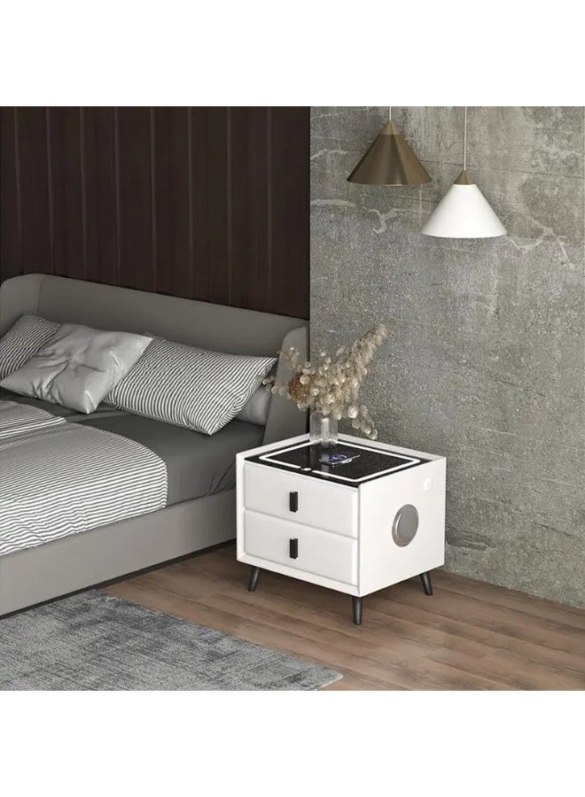 باور خزانة ذكية فاخرة بجانب السرير مع شحن لاسلكي ومنفذ USB مزدوج، ومكبر صوت بلوتوث، وقفل ببصمة الإصبع، وإضاءة ليلية قابلة للتعديل - مغلفة بالجلد مع قاعدة من الخشب الصلب - Image 5