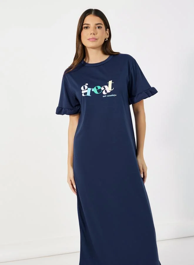 Styli Styli Slogan Print Ruffle Hem Maxi Sleep Dress