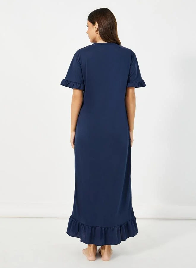 Styli Styli Slogan Print Ruffle Hem Maxi Sleep Dress