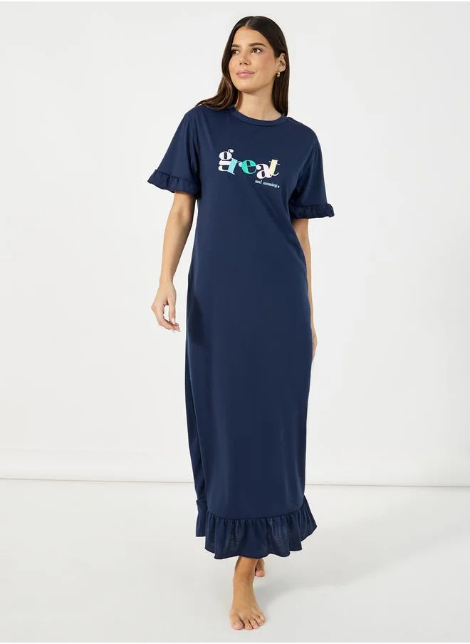 Styli Slogan Print Ruffle Hem Maxi Sleep Dress