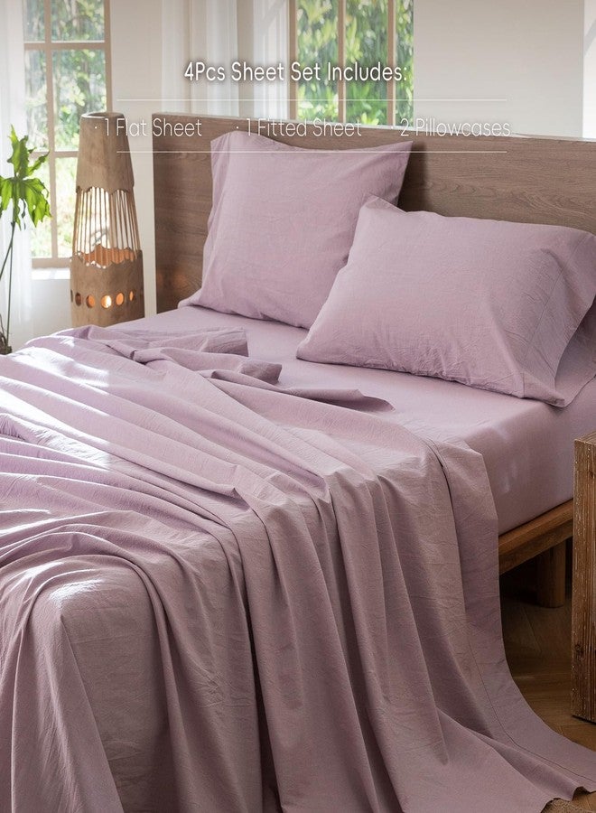 MooMee Bedding Sheet Set 100% Washed Cotton Linen Like Textured Breathable Durable Soft Comfy (Heathered Light Purple, King) - Image 2
