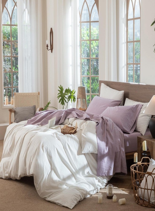 MooMee Bedding Sheet Set 100% Washed Cotton Linen Like Textured Breathable Durable Soft Comfy (Heathered Light Purple, King) - Image 3