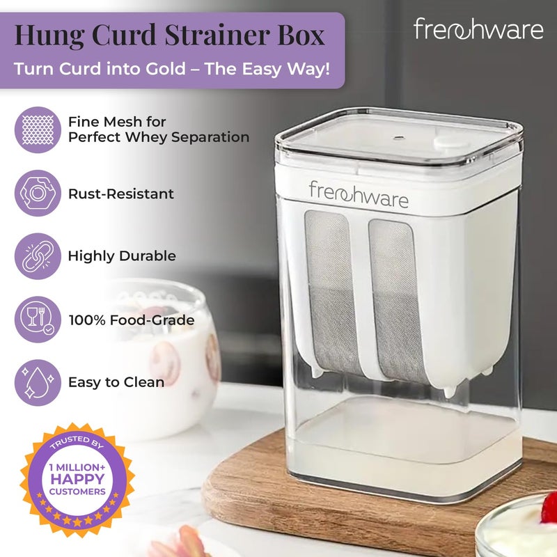 FrenchWare Hung Curd Strainer Box, 1100ml, Greek Yogurt Maker with Fine Mesh, Stainless Steel Curd Strainer with Lid, Multifunctional Yoghurt Filter, Curd Maker for Home, Whey Separator - Image 2