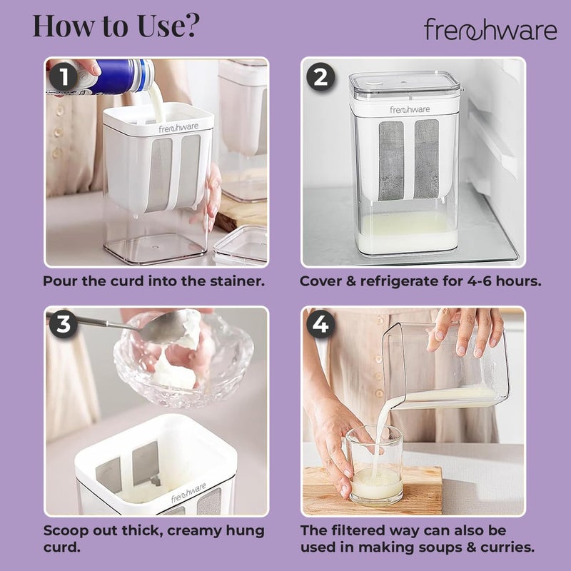 FrenchWare Hung Curd Strainer Box, 1100ml, Greek Yogurt Maker with Fine Mesh, Stainless Steel Curd Strainer with Lid, Multifunctional Yoghurt Filter, Curd Maker for Home, Whey Separator - Image 4